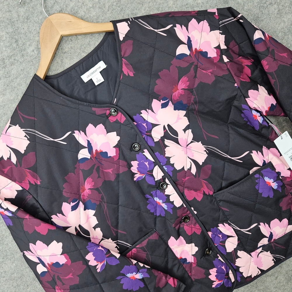 NEW Liz Claiborne Quilted Jacket Womens Large Black Pink Floral Button Front NWT
